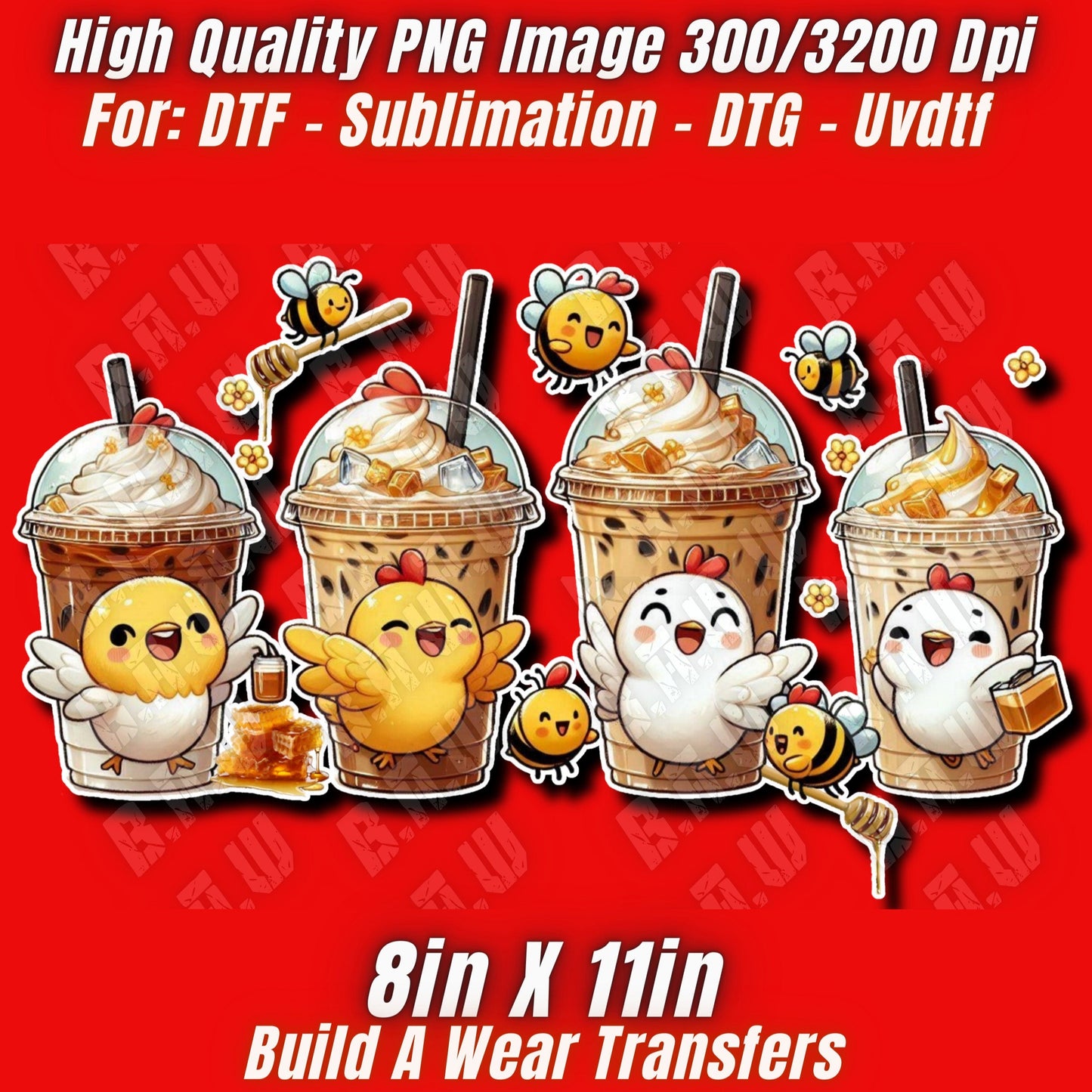 Cute New Custom Hens & Honey Iced Coffee Latte’s Summer PNG Image - 300/3200 Dpi Quality 2 Files - Sublimations, DTF, Uvdtf, Dtg Printing!