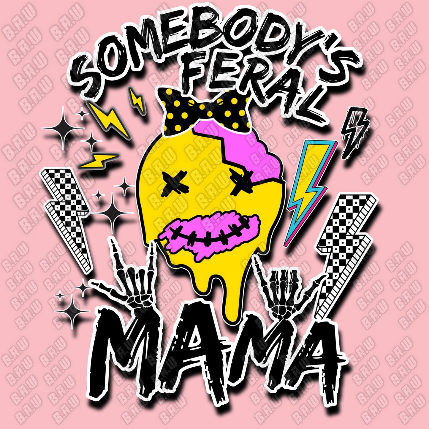 Feral Mama Smiley Face  300 DPI & 3200 DPI PNG files for sublimation, Dtg, Uvdtf, Screen Printing and Dtf transfers.