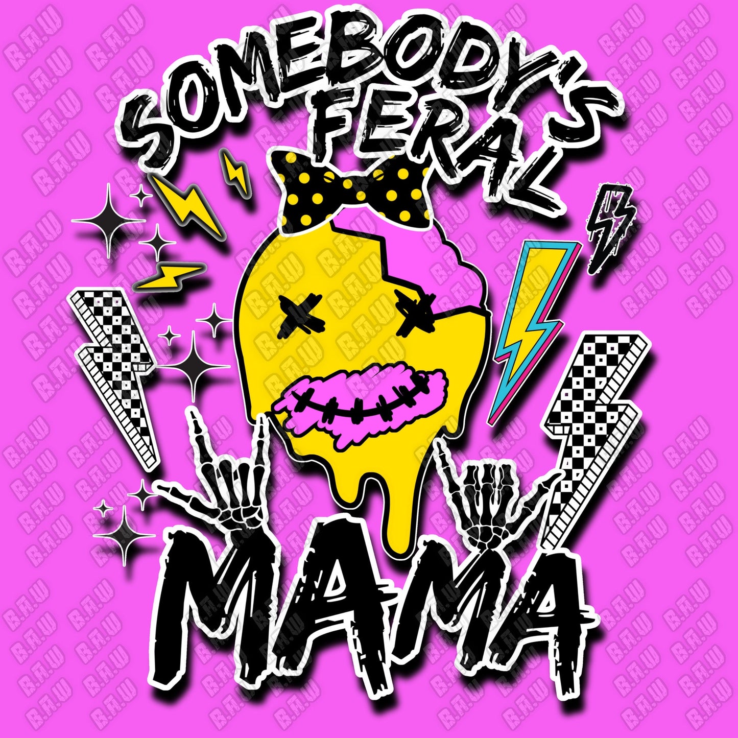 Feral Mama Smiley Face  300 DPI & 3200 DPI PNG files for sublimation, Dtg, Uvdtf, Screen Printing and Dtf transfers.