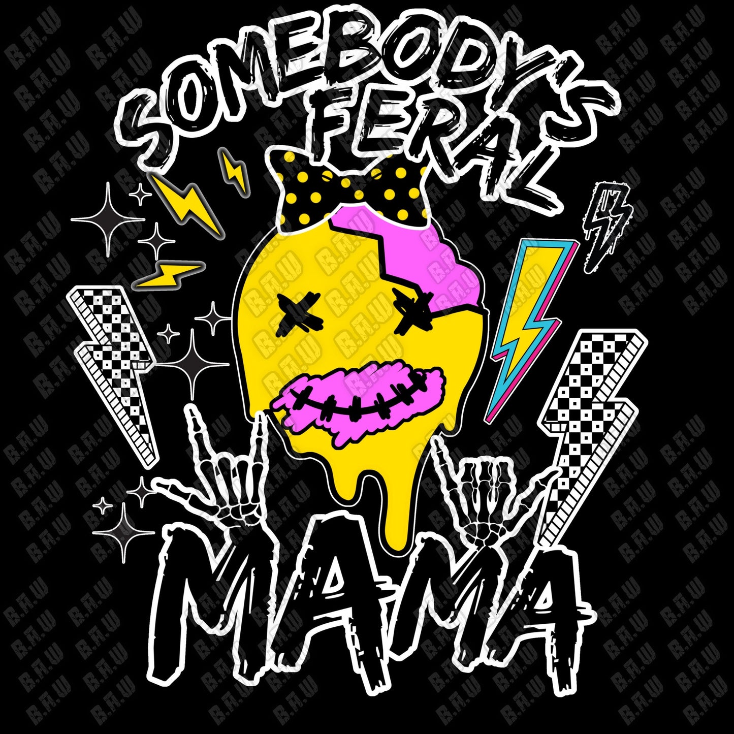 Feral Mama Smiley Face  300 DPI & 3200 DPI PNG files for sublimation, Dtg, Uvdtf, Screen Printing and Dtf transfers.