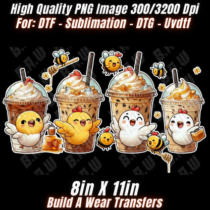 Cute New Custom Hens & Honey Iced Coffee Latte’s Summer PNG Image - 300/3200 Dpi Quality 2 Files - Sublimations, DTF, Uvdtf, Dtg Printing!