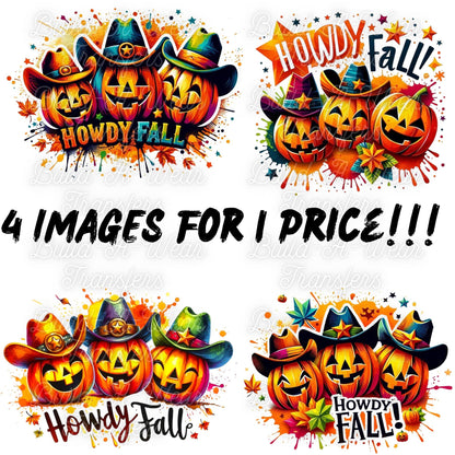 Howdy Fall Cowboy Pumpkins - 4 Unique Images for the price of 1 - All High Quality PNG Downloadable Files - Just Download and Print!