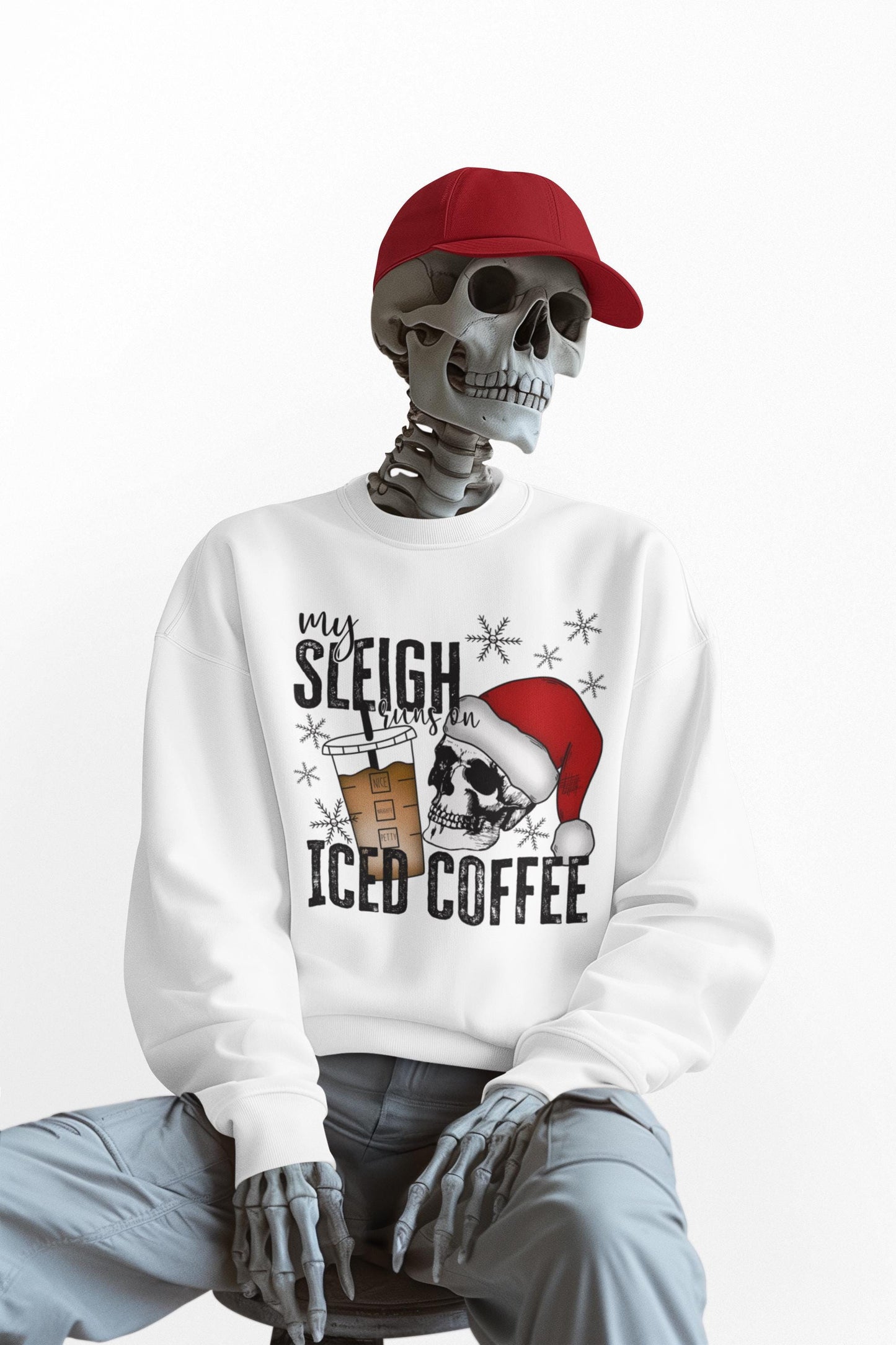 My Sleigh Runs On ICED Coffee - Ready To Press - DTF Heat Transfers. Great on T-shirts, Hoodies, Sweatshirts, Totes!