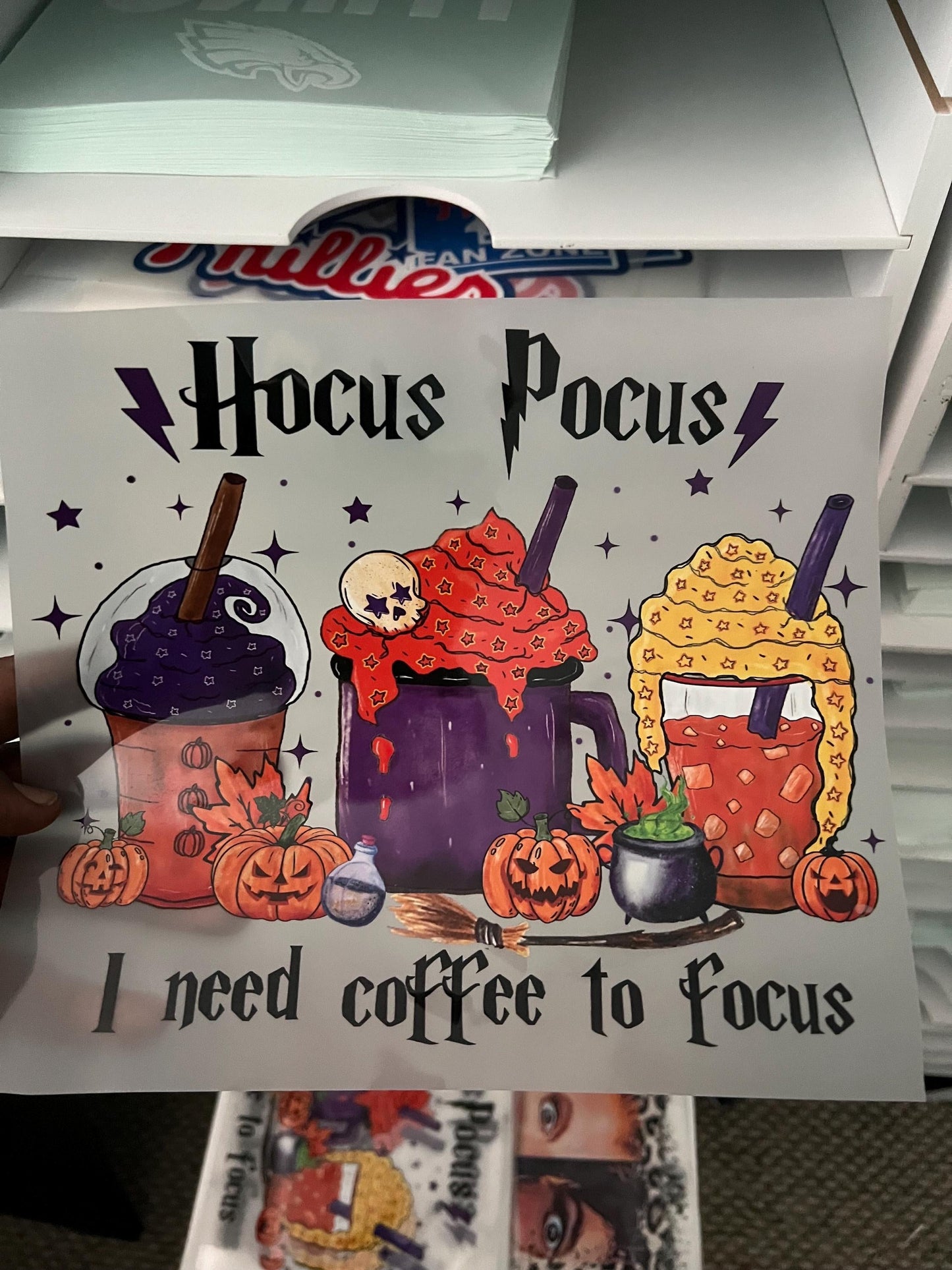 Amazing Hocus Pocus Coffee Helps Me Focus - Ready To Press - DTF Heat Transfers. Great on T-shirts, Hoodies, Sweatshirts, Totes!